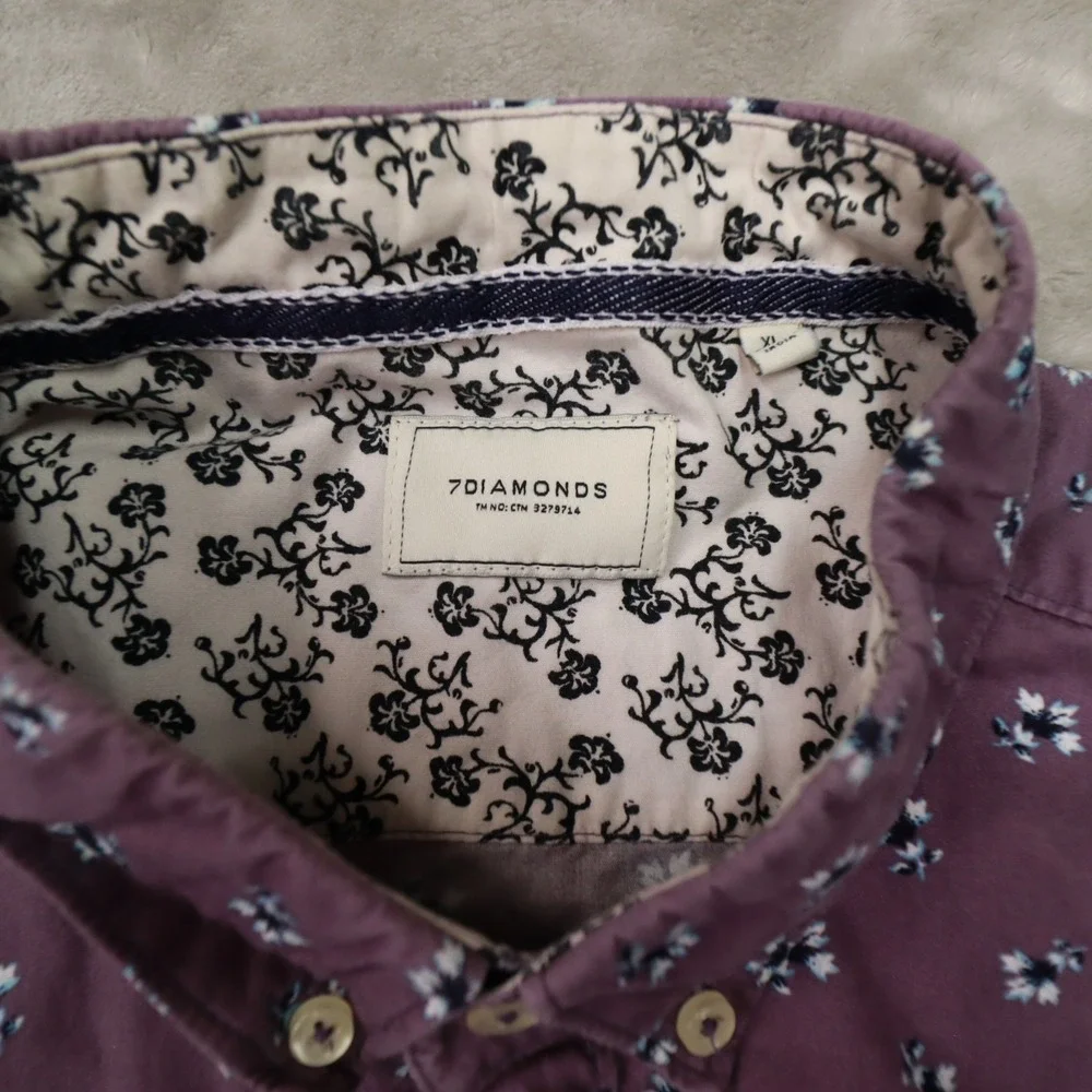 7 Diamonds Purple Floral Short Sleeve Button Up Shirt Men's XL Cotton Preppy